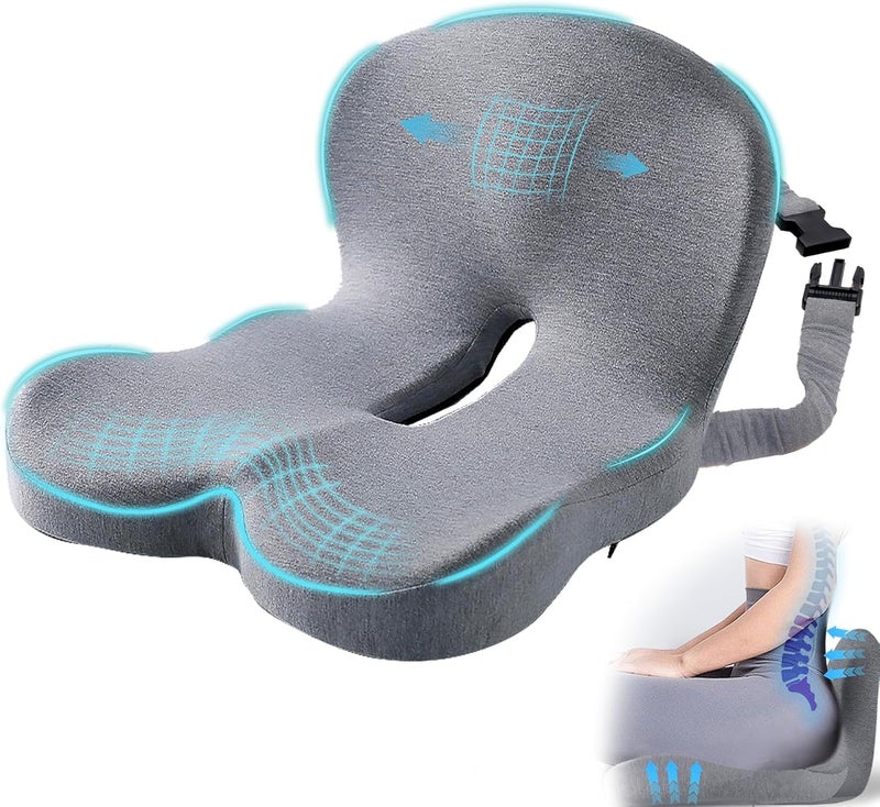 Mosxoed Ergonomic Seat Cushion with Adjustable Strap, Memory Foam Office Chair Seat Cushion with L-Shaped Design, Car Seat Cushion Fits for Truck Driver Semi Truck, Gaming Chair, Desk, Light Gray - Image 1